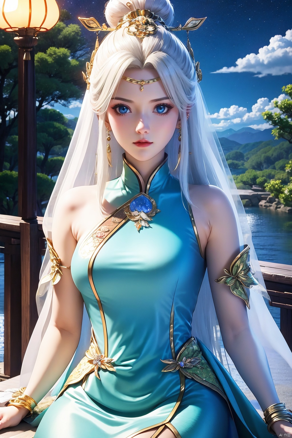1girl, solo, dress, long hair, white hair, white dress, night, sky, blue eyes, hair ornament, looking at viewer, jewelry, night sky, chinese clothes, sitting, lantern, upper body, closed mouth, cloud, breasts, railing, outdoors, bare shoulders, china dress, star \(sky\), blue dress, earrings, water, tree, bracelet, expressionless, sleeveless, medium breasts, lamp, hair bun
