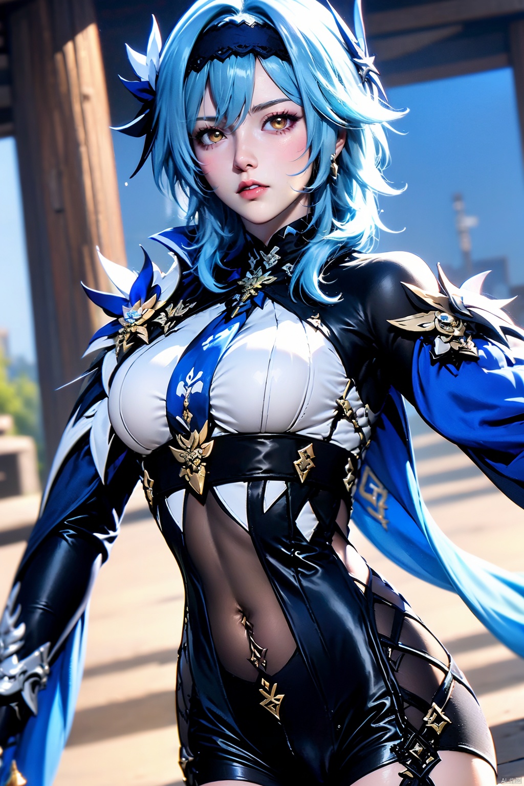 1girl, solo, eula \(genshin impact\), thighhighs, covered navel, blue hair, blue necktie, hairband, necktie, looking at viewer, black hairband, blurry background, black thighhighs, breasts, leotard, hair ornament, long sleeves, lips, blurry, blue cape, cape, medium hair, 