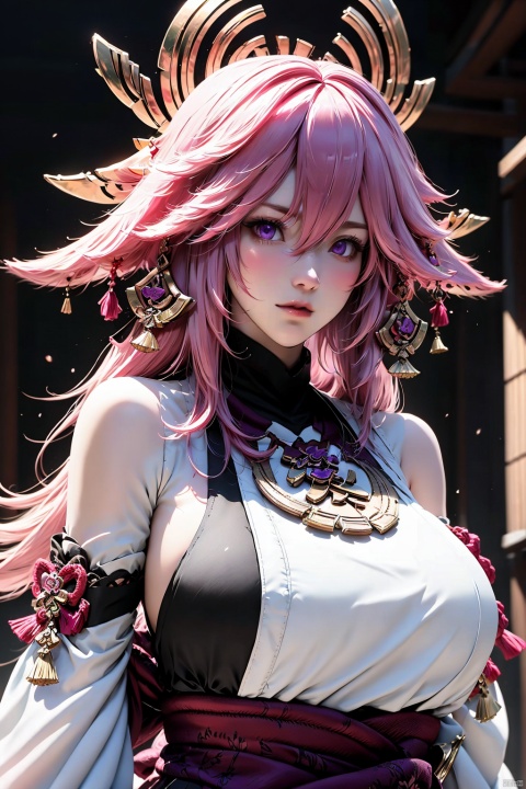 1girl, solo, yae miko, pink hair, purple eyes, breasts, looking at viewer, animal ears, long hair, bare shoulders, detached sleeves, large breasts, fox ears, hair between eyes, upper body, hair ornament, jewelry, lips, japanese clothes, blurry background, blurry, parted lips, wide sleeves, earrings, shirt, sleeveless, white shirt, sleeveless shirt, nontraditional miko, blush, long sleeves, turtleneck, sidelocks, sideboob, closed mouth, floppy ears