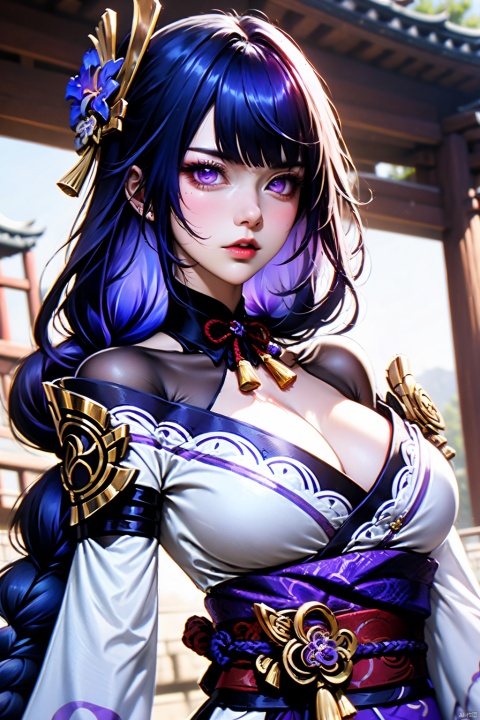 1girl, raiden shogun \(genshin impact\), solo, breasts, purple eyes, japanese clothes, purple hair, looking at viewer, kimono, hair ornament, cleavage, long hair, braid, sash, parted lips, shoulder armor, purple kimono, obi, flower, mole, lips, upper body, bridal gauntlets, outdoors, braided ponytail, long sleeves, armor, blurry, mole under eye, makeup, hair flower, ribbon, large breasts, torii, purple flower, obiage, east asian architecture, obijime, off shoulder, wide sleeves, day, eyelashes, very long hair, shrug \(clothing\), red ribbon, vision \(genshin impact\), tomoe \(symbol\), light particles, neck ribbon, blunt bangs, fingernails, purple nails