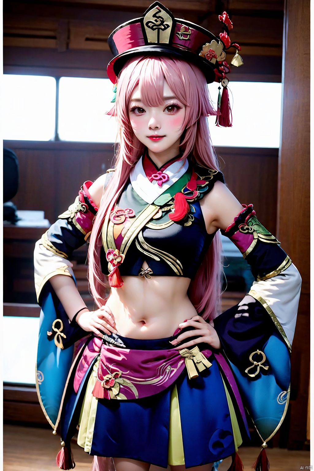1girl, solo, hands on own hips, yanfei \(genshin impact\), navel, long hair, midriff, detached sleeves, pink hair, red headwear, looking at viewer, skirt, crop top, stomach,