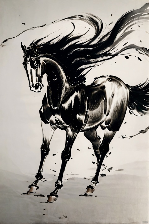 AgainChineseInkPainting, (greyscale:1.2), (monochrome:1.2), (chinese ink painting:1.2), horse, traditional media, horseback riding, no humans, solo, 1boy, simple background, standing, ink, male focus, from side, full body, riding, white background, tail, horns