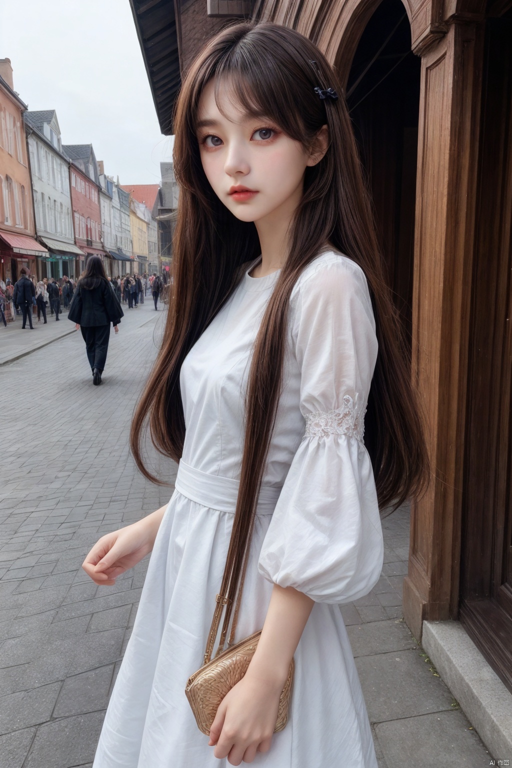  1girl,solo,long hair,(stadning:1.3),dress,looking at viewer,detached sleeves,outdoors,