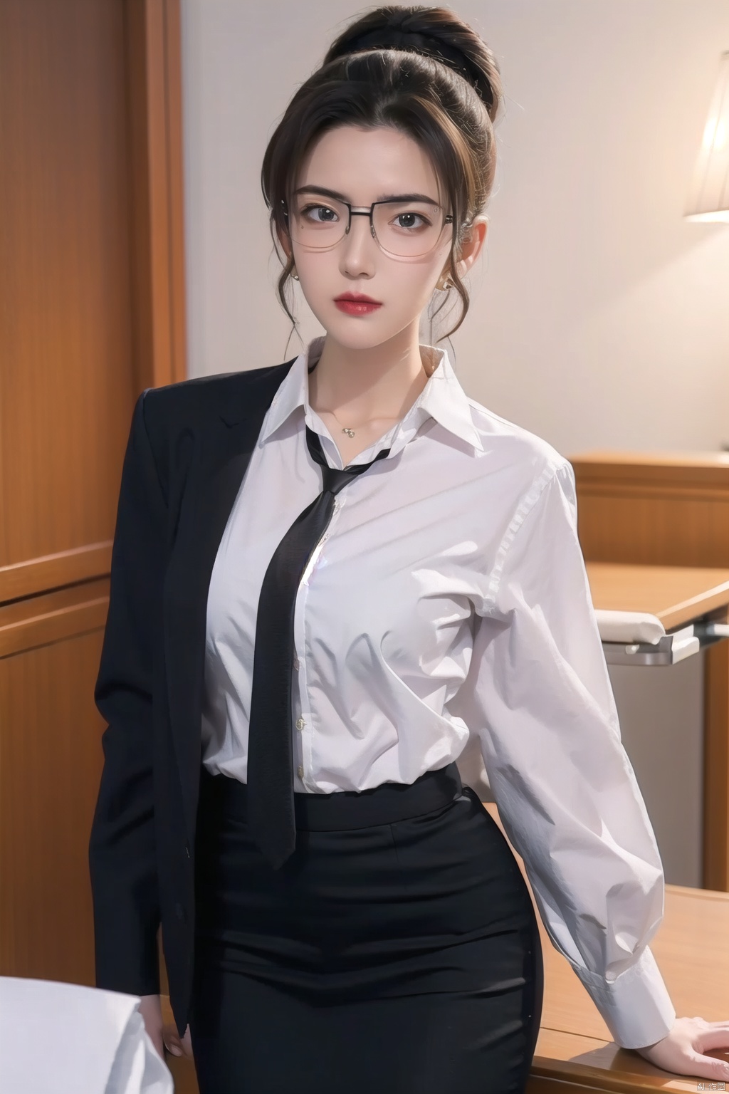  1girl，kisakieri，glasses，hair up，white shirt，black necktie，black pencil-skirt，look at the viewer，