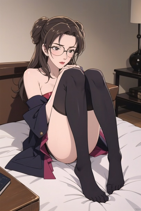  1girl，glasses,long brown hair,one side up,brown eyes,(black thighhighs),sitting,knees up,no shoes，blush，