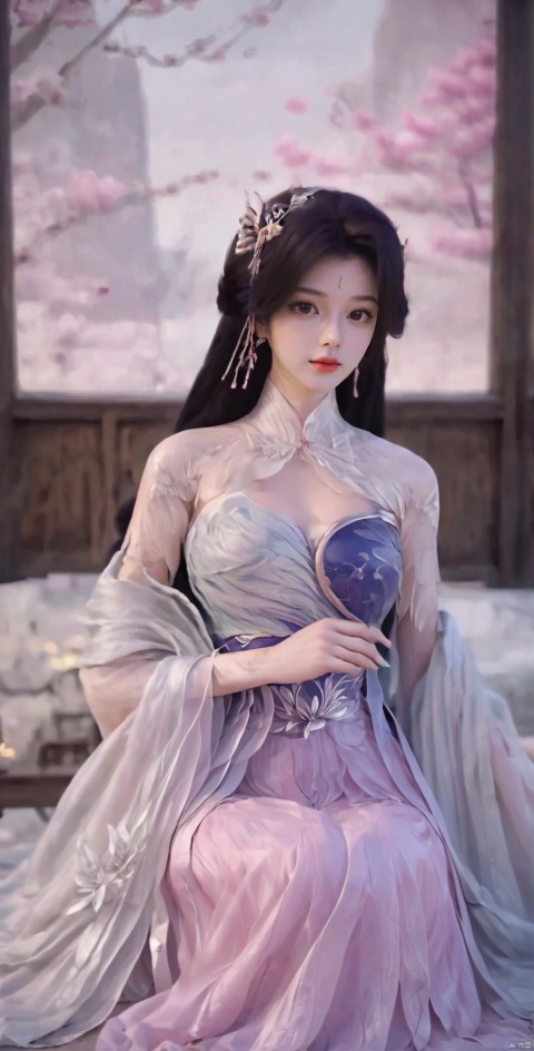  1girl, solo, long hair, black hair,Hairpins,necklace, hair ornament, long dress, full body, flower, earrings, indoors, hair bun, pink dress,(Tube top Hanfu long skirt:1.1), pillow, bed, night, chinese clothes, table, branch,daxiushan, ,daxiushan style,(huge breasts:1.6), (full breasts), realistic,hanfu, daxiushan,Shoulders are exposed, , daxiushan, arien_hanfu