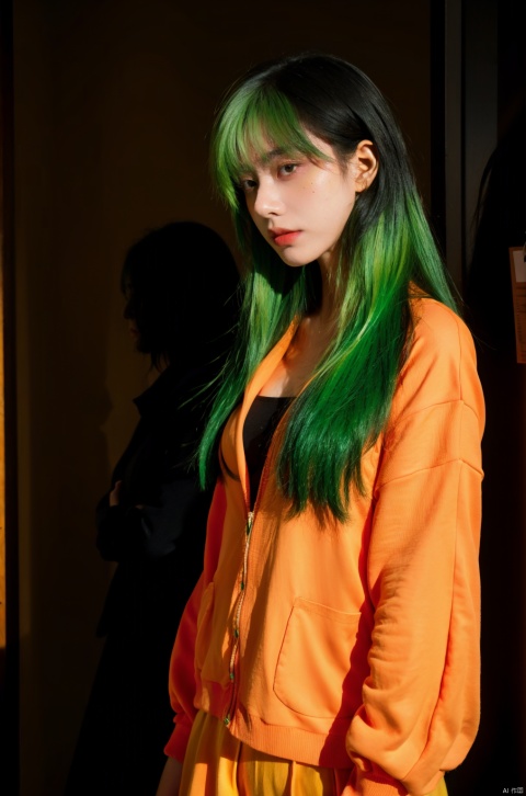  ultra high res,(realistic:1.4),deep shadow,(best quality, masterpiece),hubggirl,
1girl,light green hair, orange clothes, HUBG_Beauty_Girl