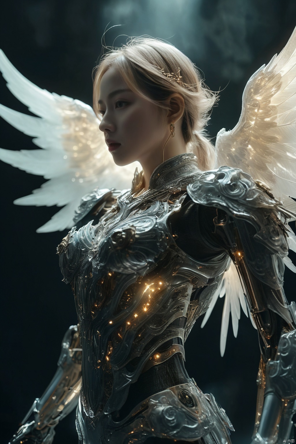  Award-winning work, beautiful angel, light through angel wings, facing the lens, strong light and dark contrast, dramatic lighting, dark tone photos, movie tone, horror atmosphere, high definition, 8k, Sony movie machine shooting,dark, HUBG_Mecha_Armor, HUBG_Chinese_Jade