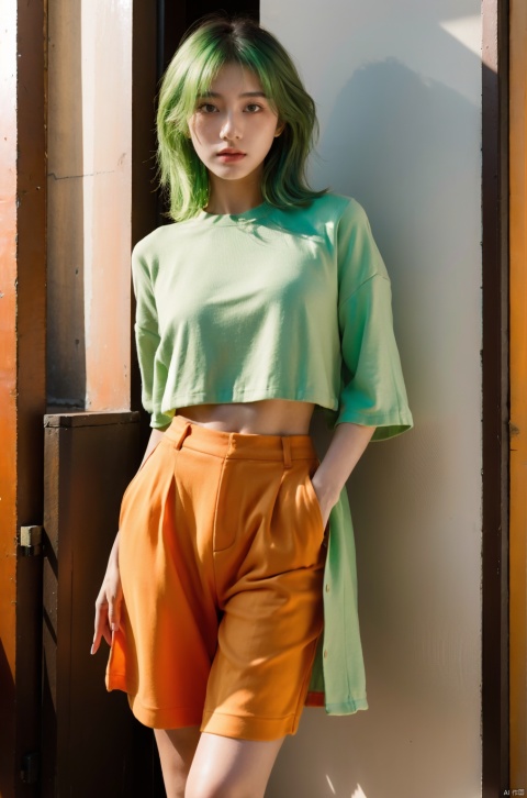  ultra high res,(realistic:1.4),deep shadow,(best quality, masterpiece),hubggirl,
1girl,light green hair, orange clothes, HUBG_Beauty_Girl