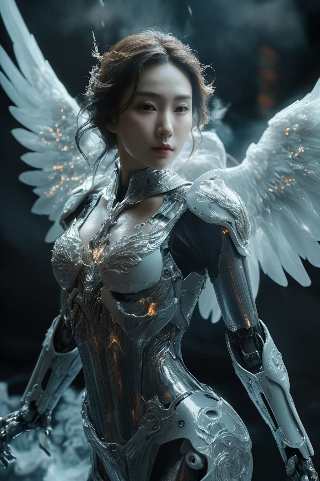  Award-winning work, beautiful angel, light through angel wings, facing the lens, strong light and dark contrast, dramatic lighting, dark tone photos, movie tone, horror atmosphere, high definition, 8k, Sony movie machine shooting,dark, HUBG_Mecha_Armor, HUBG_Chinese_Jade