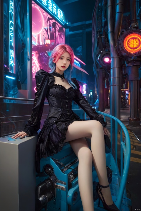  (masterpiece, top quality, best quality, official art, beautiful and aesthetic:1.2), (1girl:1.4), full body, ([pink|blue] hair), extreme detailed,(fractal art:1.3),colorful,highest detailed,((Mechanical modification)),(modification), Maiden, Half-sitting, A complex mechanical conduit is inserted into the back,catheter, neon background, neon city,night, gothic_lolita, high heels, hubg_beauty_girl, hubg_jsnh