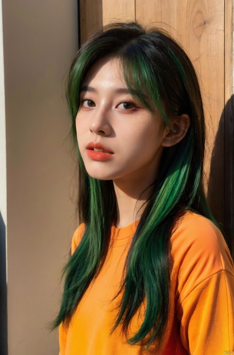  ultra high res,(realistic:1.4),deep shadow,(best quality, masterpiece),hubggirl,
1girl,light green hair, orange clothes, HUBG_Beauty_Girl