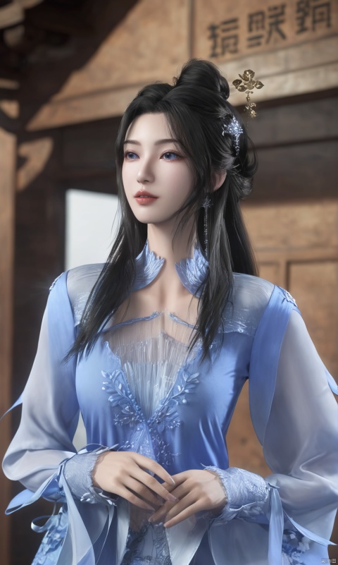 (ultra realistic,best quality),photorealistic,Extremely Realistic, in depth, hubg_jsnh, cinematic light,cute hubggirl,hubg_lmw,lip biting,detailed face,
solo, long hair, black hair, hair ornament, dress, hair bun, tree, blue dress, chinese clothes,
(studio light:1.2),Deep photo,depth of field,shadows,messy hair,seductive silhouette play,dark,nighttime,dark photo,
