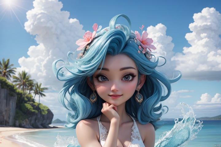  Masterpiece,highest quality,realistic,very fine and fine details,high resolution,8K,
hubg\(haixiaoqiong)\, 1girl, smile,blue hair,
Surfing at the beach,