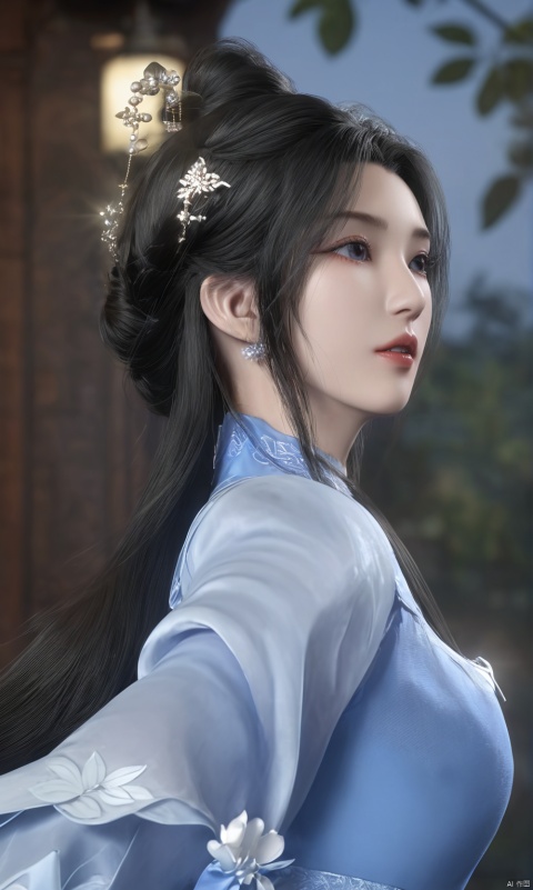  (ultra realistic,best quality),photorealistic,Extremely Realistic, in depth, hubg_jsnh, cinematic light,cute hubggirl,hubg_lmw,lip biting,detailed face,
solo, long hair, black hair, hair ornament, dress, hair bun, tree, blue dress, chinese clothes,
(studio light:1.2),Deep photo,depth of field,shadows,messy hair,seductive silhouette play,dark,nighttime,dark photo,
