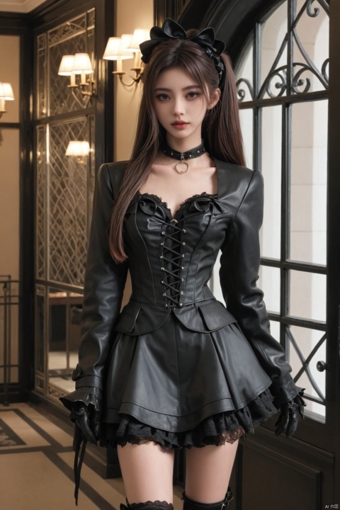  Ultra-realistic, 8k CG, masterpiece, HDR, absurdres, Professional, RAW photo, highres, (full body:1.4), 1girl, miss_fox, sfw, mature curvy gothic woman, narrow waist, round hips, looking at viewer, standing, dynamic pose, suggestive pose, long hair, high ponytail, slick shiny nature pale skin, subsurface scattering, mysterious and enchanting, hyper maximalist, rich, extravagant, luxury, prestige, exquisite, intricate details, intricate patterns, detailed skin texture, detailed clothes, detailed clothes texture, luxurious medieval palace interior, and chandeliers, antique furniture, stained glass windows, gothic wallpaper, victorian wall lamps, dark fairytale fantasy, solemn antique bronze color theme, decoration, ( mixed Victorian and Gothic Lolita style clothing, black lace gloves, aristocratic hat, leather knee boots, ruffled aristocratic blouse, layered Gothic skirt:1.3), (leather coat with buckles:1.6), lace choker necklace, gothicpunkai, (photorealistic:1.4), Bokeh, Cinematic, best quality, hubg_jsnh