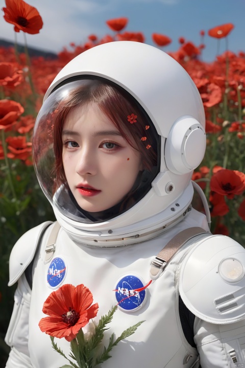 cinematic photo, perfectly centered girl portrait detailed astronaut with flowers explosion helmets,anatomical drawing,dripping paint,coquelicot color,volumetric lighting,unreal engine,blender model,3d model,incredible bokeh . 35mm photograph,film,bokeh,professional,4k,highly detailed,hubg_beauty_girl, hubg_jsnh