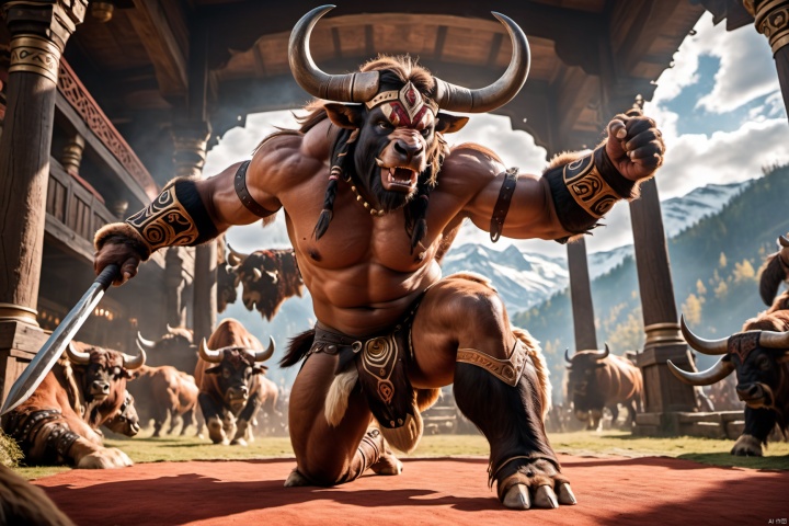  Tauren,The burly and strong Minotaur,Fleshy skin,,Full-length photo,Fighting posture, , Surrealism, from below, Nikon, Surrealism, backlighting, 8k, super detail, high quality, high details, UHD, award winning, textured skin, anatomically correct,