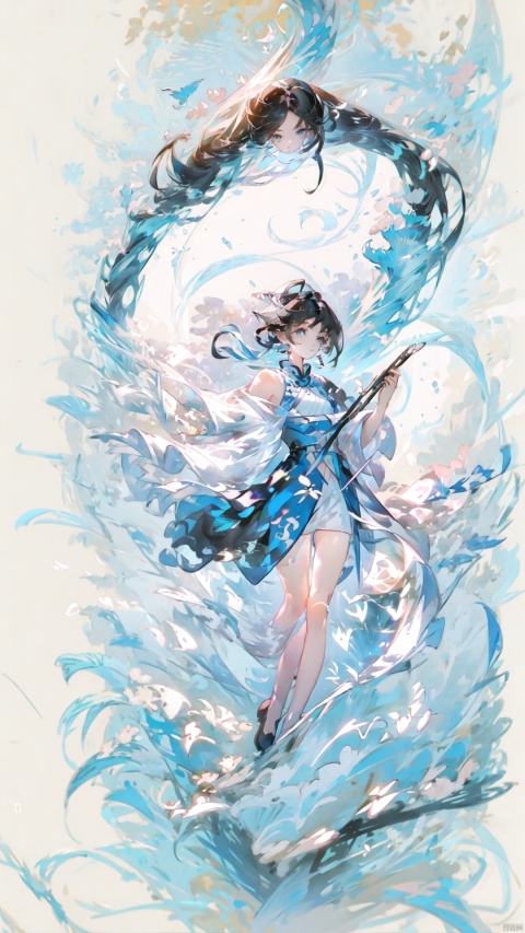  a girl, with a soft and beautiful painting style, Daofa Rune,Flowing scroll, flat, houtufeng,letterboxed, sssr, WANSHENG, [(white background:1.5)::5],(wide shot:0.95),(full body),Dynamicangle, qingsha,black_hair, wushu pose, wuxia, qingsha,missionary, midjourney portrait, jellyfishforest, shuixia, backlight, laser