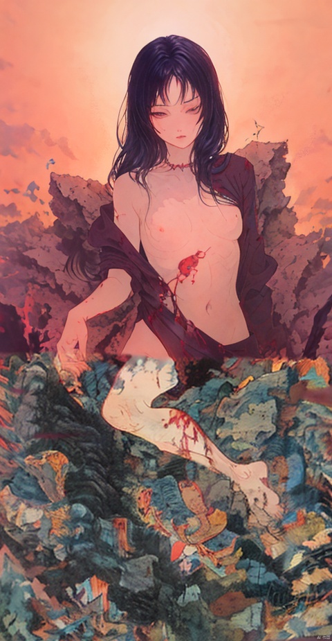  Girl, butterfly, sunset, falling flowers, blue hair, long hair, long legs, high-definition, jellyfishforest, midjourney portrait, qingsha,look down at,knife,blood,bloody,heart,wound, sd mai, Light-electric style, backlight, umino,minimalism, shuimo