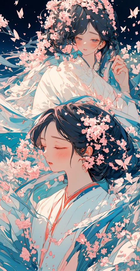  A girl, butterfly, dusk, falling flowers, cherry blossoms, ripples, water, blood, wounds, heart, Streamers, tears, laughte, myuejin, guijian, surrealistic, qsflh, Colorful portraits, fushihui, banhua, Ukiyoe, Rebellious girl, boom, Magic Circle, As the moon, flat, saibo, chocolate,cyberpunk, jtc, chinese style, HTTP, white pantyhose, yinyou, shuimo, shuixia, Ancient costume dancers, midjourney portrait,