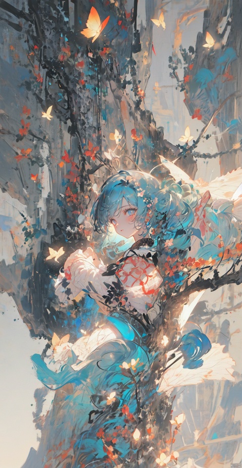  Girl, butterfly, sunset, falling flowers, blue hair, long hair, long legs, high-definition, jellyfishforest, midjourney portrait, qingsha,look down at,knife,blood,bloody,heart,wound, sd mai, Light-electric style, backlight, ray tracing, shuimo