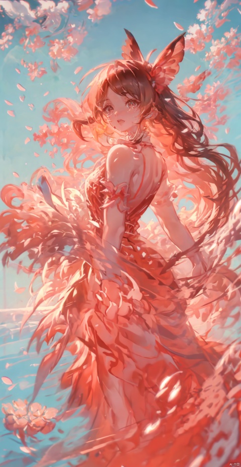  A girl, butterfly, dusk, falling flowers, cherry blossoms, ripples, water, blood, wounds, heart, Streamers, tears, laughte, myuejin, guijian, surrealistic, qsflh, Colorful portraits, orgdress, backlight
