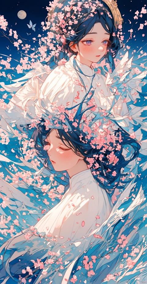  A girl, butterfly, dusk, falling flowers, cherry blossoms, ripples, water, blood, wounds, heart, Streamers, tears, laughte, myuejin, guijian, surrealistic, qsflh, Colorful portraits, fushihui, banhua, Ukiyoe, Rebellious girl, boom, Magic Circle, As the moon, flat, saibo, chocolate,cyberpunk, jtc, chinese style, HTTP, white pantyhose, yinyou, shuimo, shuixia, Ancient costume dancers, midjourney portrait,