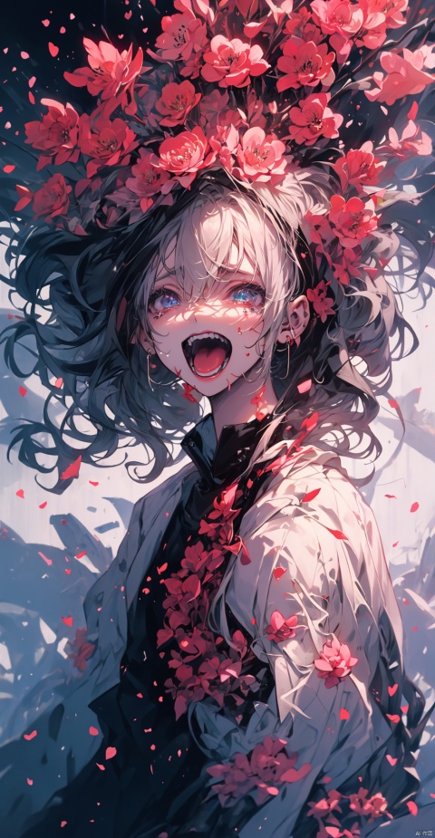  A girl, butterfly, dusk, falling flowers, cherry blossoms, ripples, water, blood, wounds, heart, Streamers, tears, laughte, myuejin, guijian, surrealistic, qsflh, Colorful portraits, fushihui, banhua, Ukiyoe, Rebellious girl, boom