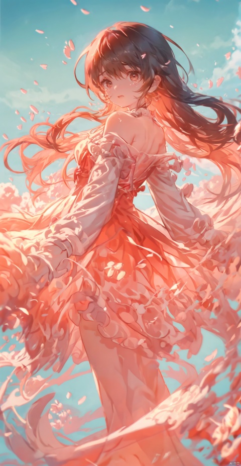  A girl, butterfly, dusk, falling flowers, cherry blossoms, ripples, water, blood, wounds, heart, Streamers, tears, laughte, myuejin, guijian, surrealistic, qsflh, Colorful portraits, orgdress, backlight