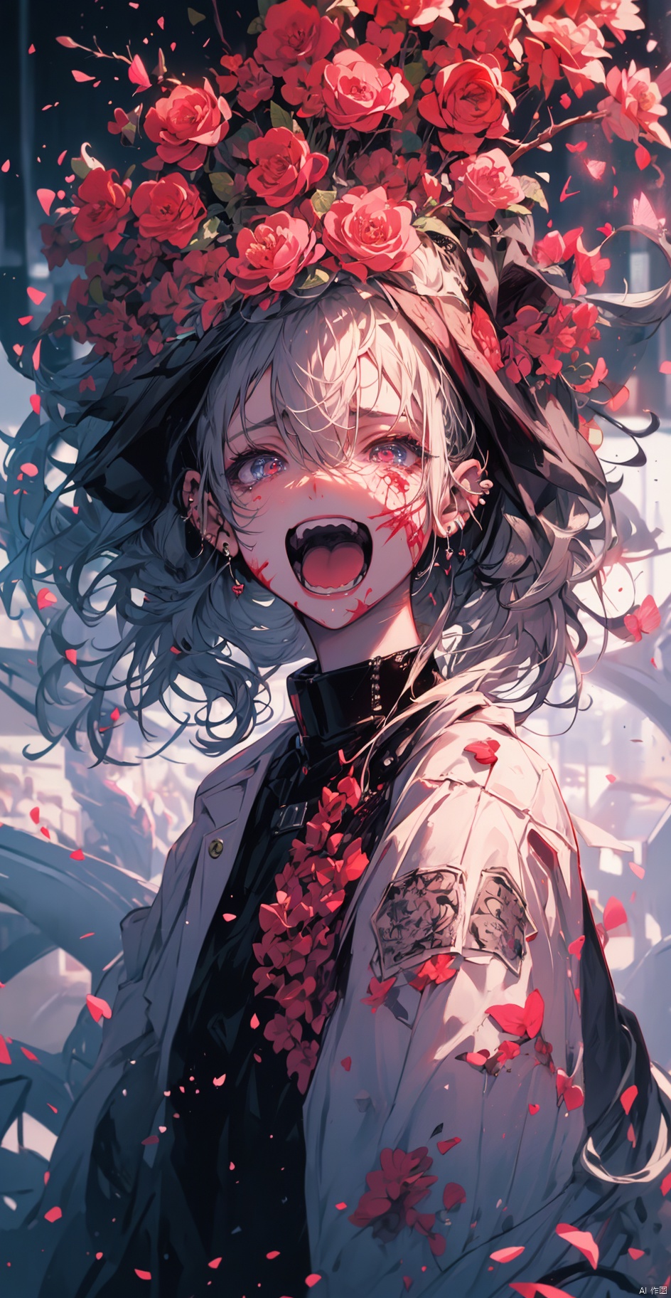  A girl, butterfly, dusk, falling flowers, cherry blossoms, ripples, water, blood, wounds, heart, Streamers, tears, laughte, myuejin, guijian, surrealistic, qsflh, Colorful portraits, fushihui, banhua, Ukiyoe, Rebellious girl, boom