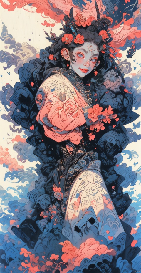  A girl, butterfly, dusk, falling flowers, cherry blossoms, ripples, water, blood, wounds, heart, Streamers, tears, laughte, myuejin, guijian, surrealistic, qsflh, Colorful portraits, fushihui, banhua, Ukiyoe, Rebellious girl