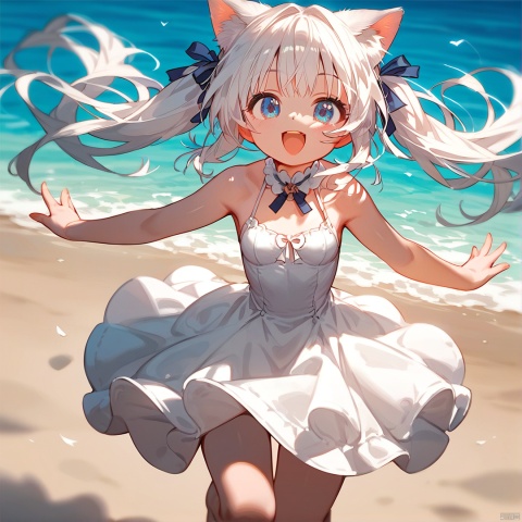  score_9_up,score_8_up,score_7_up,1girl,(loli:0.6),solo,white cat ears,white dress,(blue eyes:1.2),seaside,in summer,fair_skin,small_breasts,jumping,happy,looking at viewer,long hair,twintails,white hair,sole,front view,