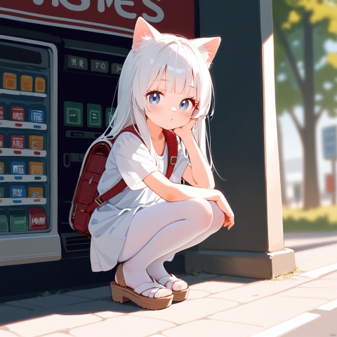 (score_9,score_8_up,score_7_up),(masterpiece, best quality),1girl,solo,(white cat ears),light white hair,long hair,blue eyes,in_summer,white sandals,(loli:0.9),small breasts,cinematic lighting,makeup,hime cut,round face,long_eyelashes,white_pantyhose,light_blush,squatting,backpack,foot_focus,looking_at_viewer,green grass,big tree,street,depth of field,vending machine, Adjusting hair, yellow mix cyan