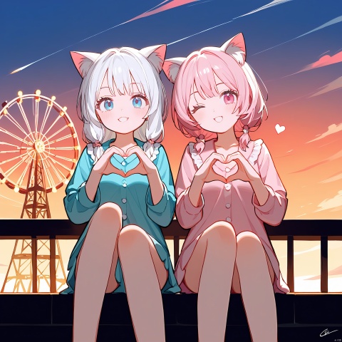  score_9,score_8_up,score_7_up,(2girls:2),(loli:0.7),(first girl with white hair),(second girl with pink hair),(first girl has blue eyes),(second girl has pink eyes),(first girl wear white loungewear:1.5),(second girl wear pink loungewear:1.5),small_breasts,(both girls born cat ears:1.3),barelegs,long eyelashes,in summer,ferris wheel,winking,sitting,skyline,sunset,front_view,love ,wind, yellow mix cyan, heart hands,
