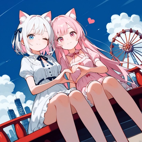  score_9,score_8_up,score_7_up,(2girls:2),(loli:0.7),(first girl with white hair),(second girl with pink hair),(first girl has blue eyes),(second girl has pink eyes),(first girl wear white loungewear:1.5),(second girl wear pink loungewear:1.5),small_breasts,(both girls born cat ears:1.3),(lolita),barelegs,long eyelashes,in summer,ferris wheel,winking,sitting,skyline,front_view,love ,wind, yellow mix cyan, heart hands,dutch angle,