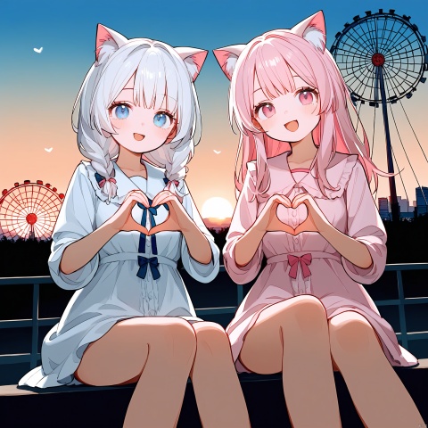  score_9,score_8_up,score_7_up,(2girls:2),loli,(first girl with white hair),(second girl with pink hair),(first girl has blue eyes),(second girl has pink eyes),(first girl wear white loungewear:1.5),(second girl wear pink loungewear:1.5),small_breasts,(both girls born cat ears:1.3),barelegs,long eyelashes,in summer,ferris wheel,happy_sex, sitting,skyline,sunset,looking_at_viewer, (date:1.5),love ,wind, yellow mix cyan, Color_X, artist yoki, heart hands, Heart hands