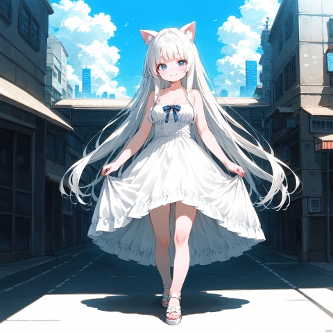 score_9,score_8_up,score_7_up,solo,(white cat ears),white hair,long hair,blue eyes,in_summer,white sandals,loli,middle breasts,(looking at viewer),kind_smile,white dress,cover page,outdoors,pigeon-toed,full body,blunt bangs,straight_hair,light_blush,long_eyelashes,skirt_hold,front_view,standing on street,city,fantasy, soles