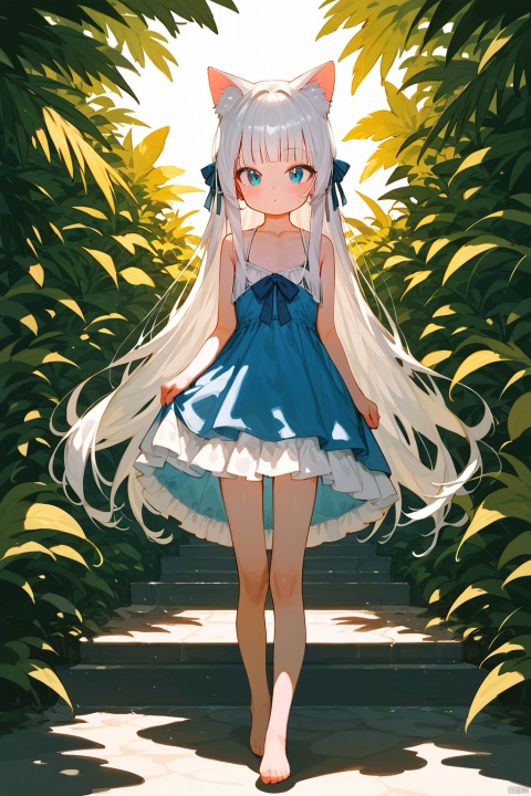  score_9_up,score_8_up,score_7_up,1girl,loli,solo,white cat ears,white hair,bangs,long hair,(blue eyes:1.3),in summer,fair_skin,flat chest,hime cut,standing,light_blush,front_view,soles,looking at viewer,full_body