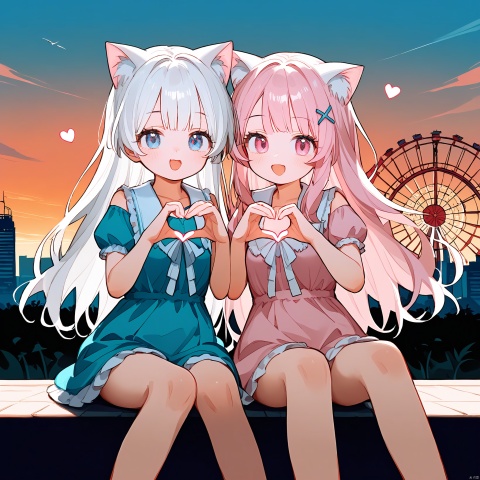 score_9,score_8_up,score_7_up,(2girls:2),(loli:1.2),(first girl with white hair),(second girl with pink hair),(first girl has blue eyes),(second girl has pink eyes),(first girl wear white loungewear:1.5),(second girl wear pink loungewear:1.5),small_breasts,(both girls born cat ears:1.3),barelegs,long eyelashes,in summer,ferris wheel,happy_sex, sitting,skyline,sunset,looking_at_viewer, (date:1.5),love ,wind, yellow mix cyan, Color_X, artist yoki, heart hands, Heart hands