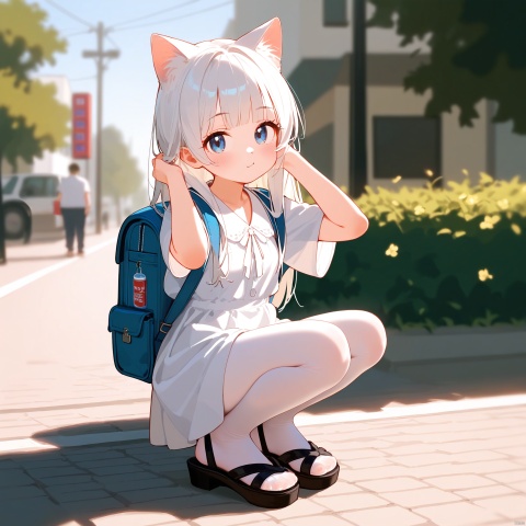  (score_9,score_8_up,score_7_up),(masterpiece, best quality),1girl,solo,(white cat ears),light white hair,long hair,blue eyes,in_summer,white sandals,(loli:0.9),small breasts,cinematic lighting,makeup,hime cut,round face,long_eyelashes,white uniform dress,white_pantyhose,light_blush,squatting,blue backpack,foot_focus,looking_at_viewer,green grass,big tree,street,depth of field,vending machine, Adjusting hair, yellow mix cyan,