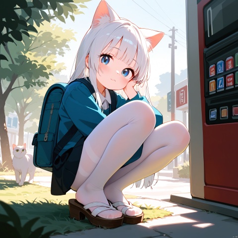  (score_9,score_8_up,score_7_up),(masterpiece, best quality),1girl,solo,(white cat ears),light white hair,long hair,blue eyes,in_summer,white sandals,(loli:0.9),small breasts,cinematic lighting,makeup,hime cut,round face,long_eyelashes,white_pantyhose,light_blush,squatting,blue backpack,foot_focus,looking_at_viewer,green grass,big tree,street,depth of field,vending machine, Adjusting hair, yellow mix cyan,