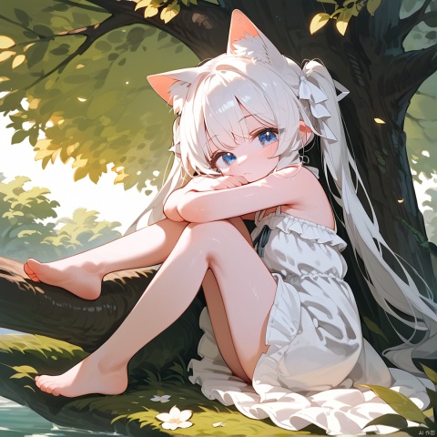 score_9,score_8_up,score_7_up,solo,cat ears,white hair,bangs,long hair,white dress,(blue eyes:1.3),good feet,full body,in summer,loli,small_breasts,fair_skin,hugging_own_legs,from side,sleepy,twintails,tree,looking at viewer,