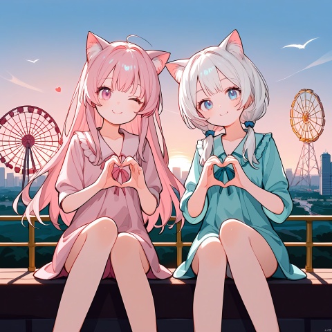  score_9,score_8_up,score_7_up,(2girls:2),(loli:0.7),(first girl with white hair),(second girl with pink hair),(first girl has blue eyes),(second girl has pink eyes),(first girl wear white loungewear:1.5),(second girl wear pink loungewear:1.5),small_breasts,(both girls born cat ears:1.3),barelegs,long eyelashes,in summer,ferris wheel,winking,, sitting,skyline,sunset,looking_at_viewer, front_view,love ,wind, yellow mix cyan, heart hands,