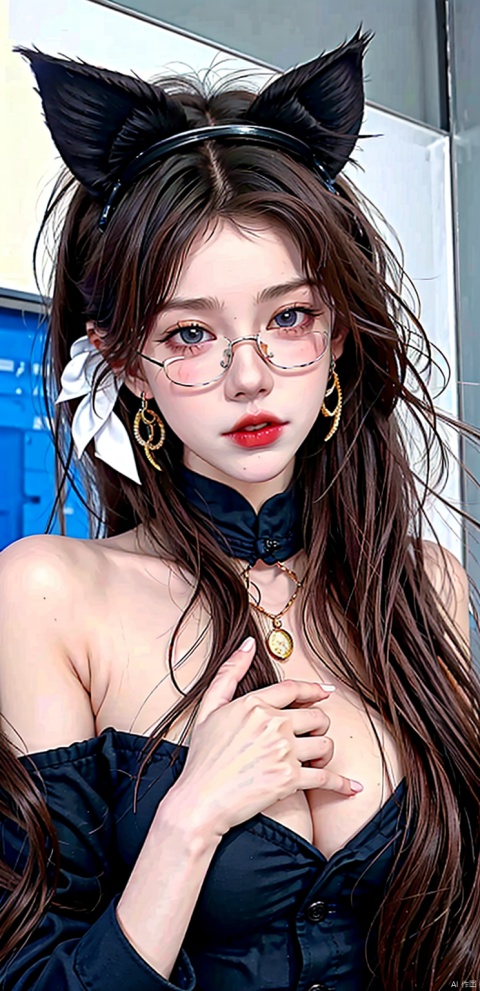  1girl, solo, long hair, breasts, looking at viewer, blue eyes, large breasts, dress, animal ears, cleavage, bare shoulders, jewelry, upper body, white hair, earrings, parted lips, glasses, cat ears, necklace, round eyewear, red lips, liuguang, girl