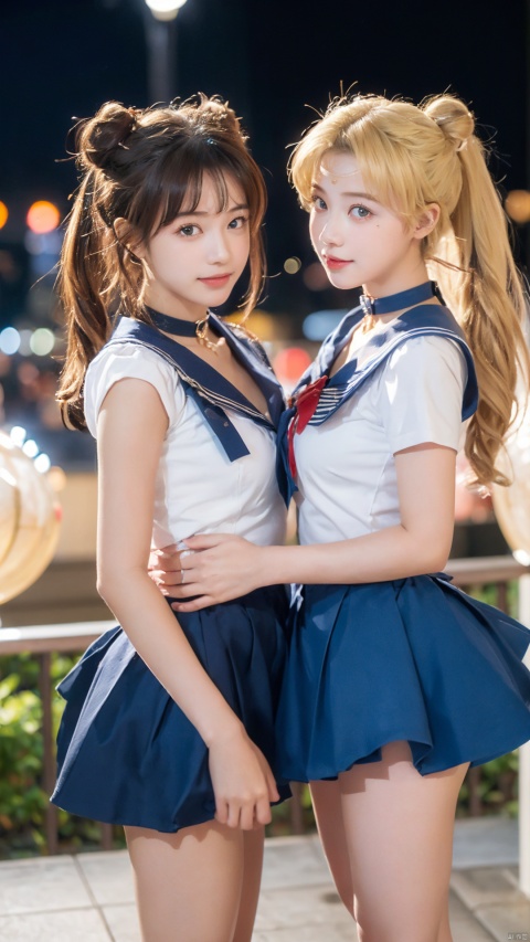  (2_girls::2.3),twins,(kind smile), ((best quality)),((masterpiece)), knee shot, smile, hair fluttering, 
sailor moon,(long hair),jewelry, sailor senshi uniform, blue sailor collar,((blonde hair)), (red choker, twintails, red bow, blue skirt, blue eyes, hair bun,sailor moon,tsukino usagi, bokeh), moon, standard-breast,long hair,blonde hair, red choker, wangyushan, ll-hd, sailor moon