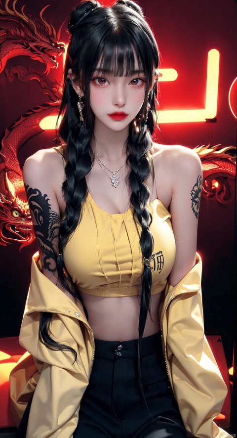  Best quality,8k,cg,1girl, jewelry, eastern dragon, solo, braid, black hair, tattoo, earrings, pants, looking at viewer, arm tattoo, black pants, crop top, long hair, bangs, jacket, sleeveless, dragon, hair bun, necklace, double bun, parted lips, off shoulder, bare shoulders, sitting, yellow jacket, small breasts, lips, midriff, red eyes, shoulder tattoo, breasts, makeup, blunt bangs, hair over shoulder, futuaner,Round and big breasts:2.9,Huge tit:1.9,Exquisite visuals,Ultra-shiny,Colossal tits,Sexy Big Breast, Hourglass body shape