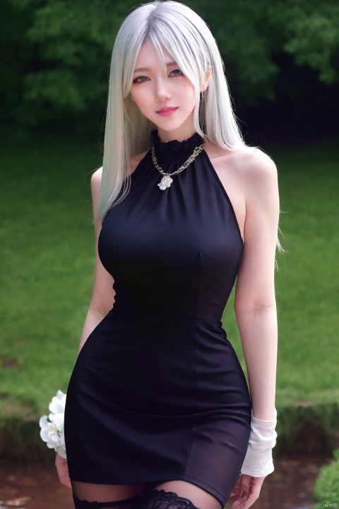 best quality, masterpiece, realistic,cowboy_shot,(Good structure), DSLR Quality,Depth of field,kind smile,looking_at_viewer,Dynamic pose, 
wangyushan,
1girl, solo, long hair, breasts, looking at viewer, bangs, blue eyes, thighhighs, gloves, dress, hair between eyes, bare shoulders,  blue hair, flower, white hair, multicolored hair, lying, parted lips, sleeveless, black gloves, elbow gloves, black thighhighs, armpits, black dress, arms up, thigh strap, floating hair, sleeveless dress, feet out of frame, chain, white flower, rain, watch, clock, grey thighhighs, roman numeral, blackpantyhose, 