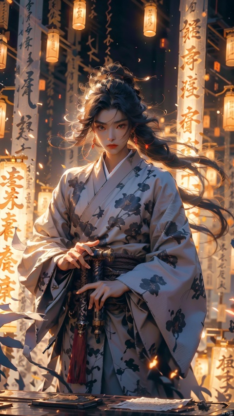  1 girl, Iaido, holding glowing katana,not looking at the camera, three-dimensional facial features, solo, blue eyes, holding, glow, robot, mecha, science fiction, movie lighting, strong contrast, high level of detail, best quality, masterpiece, spirit, crystal_ Dress, crystal, with white, Female FocusRed lips, bangs, earings, kimono,Chinese closures, floral print, tassel, robe dragon, glowing weight, flowing light, shooting stars,Neon lights, reflecting lights, epic lighting, yiwenrudao\(xiuxian\), Daofa Rune, shufa background