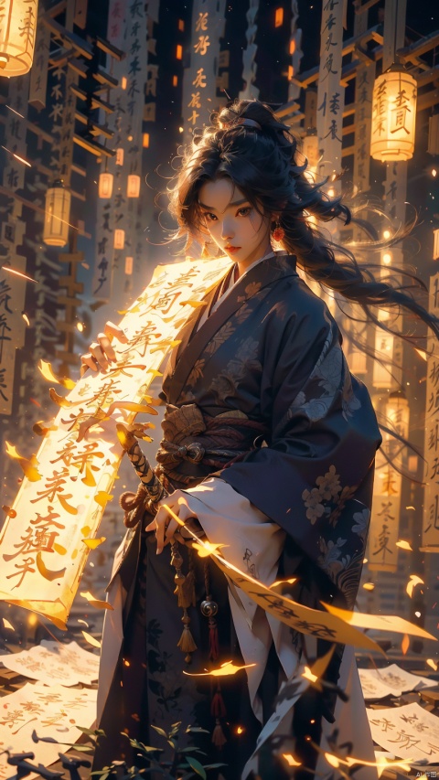  1 girl, Iaido, holding glowing katana,not looking at the camera, three-dimensional facial features, solo, blue eyes, holding, glow, robot, mecha, science fiction, movie lighting, strong contrast, high level of detail, best quality, masterpiece, spirit, crystal_ Dress, crystal, with white, Female FocusRed lips, bangs, earings, kimono,Chinese closures, floral print, tassel, robe dragon, glowing weight, flowing light, shooting stars,Neon lights, reflecting lights, epic lighting, yiwenrudao\(xiuxian\), Daofa Rune, shufa background